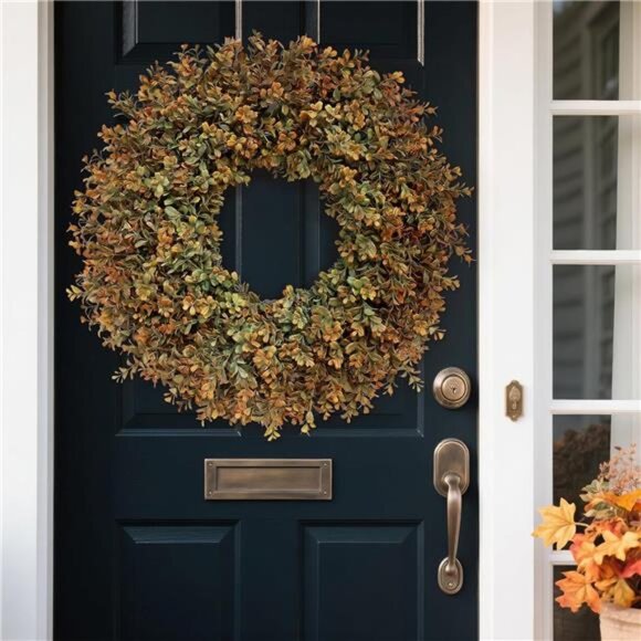 26'' Large Fall Wreath for Front Door, Porch, Window- Artificial Boxwood Leaves - Picture 5 of 7